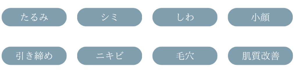 たるみ、シミ、しわ、小顔、引き締め、ニキビ、毛穴、肌質改善